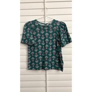 Boden Teal Floral Short Puff-Sleeve Blouse with Pink Accents